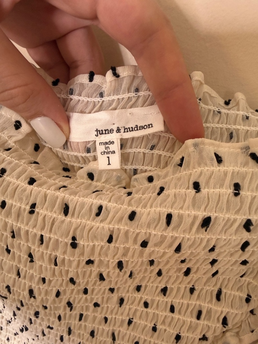 june & hudson White Smocked Peplum Blouse with Black Dot Print Plus size 1X - Picture 5 of 13